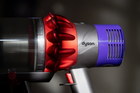 PENANG, MALAYSIA - MAR 29, 2023: Dyson vacuum cleaner close up showing dyson branding.
