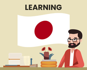 Japan flag with a male teacher, learning or teaching Japan language, school concept