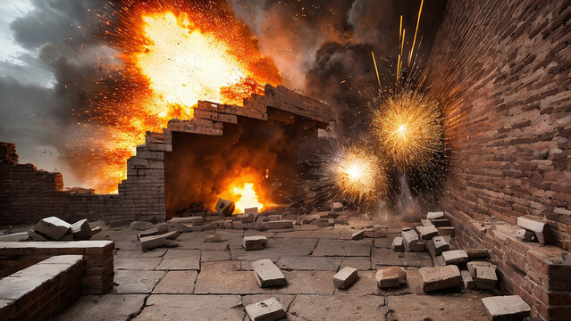 Explosion of the ancient brick wall