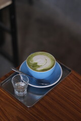 matcha green tea on the wood table