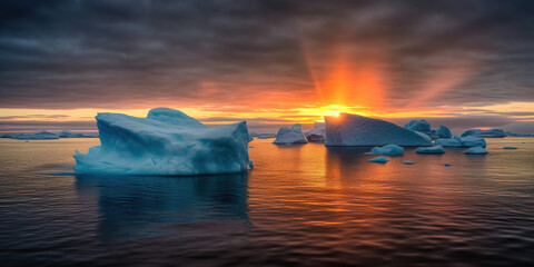Majestic icebergs floating in a polar sea with a striking sunset backdrop  generative art,