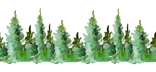 Seamless watercolor linear pattern, border. green spruce, pine, cedar, larch, abstract forest, silhouette of trees. On white isolated background. Coniferous forest © Маргарита Шевчишена
