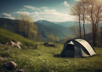 camping in the mountains in tent, generative ai