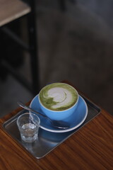 matcha green tea on the wood table
