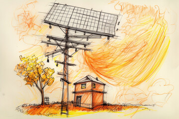 Solar energy conceptual illustration, hand drawn pencil sketch. Generative AI