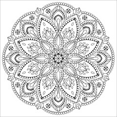 Mandala flower illustration.Circular mandala .floral madala pattern .Coloring book illustration.Beautiful striped flowers.Adult meditation illustration.Oriental orn abstract floral background.