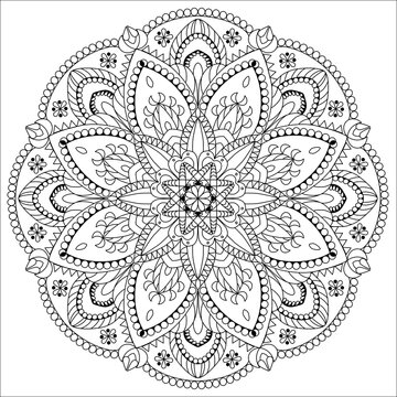 Mandala flower illustration.Circular mandala .floral madala pattern .Coloring book illustration.Beautiful striped flowers.Adult meditation illustration.Oriental orn abstract floral background.