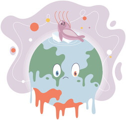 Planet Earth is suffering, danger rising temperature, thermometer, water drops due to ice melting. Global warming climate changes concept. environmental disaster threat to nature and animals