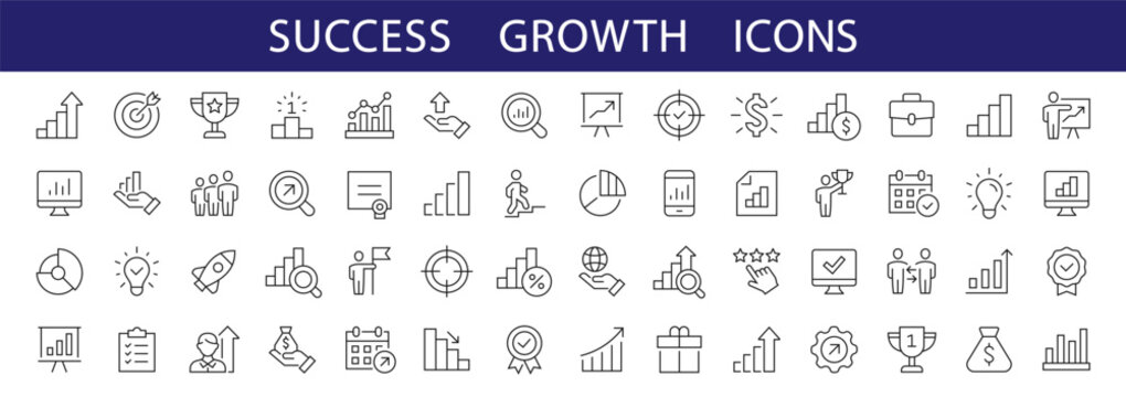 Growth & Success thin line icons. Success, Growth, Progress, Career editable stroke icons. Growth symbols collection. Vector illustration