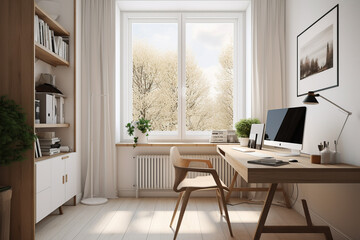 Fototapeta na wymiar Interior design - modern and minimalist home office. Illustration. Generative AI