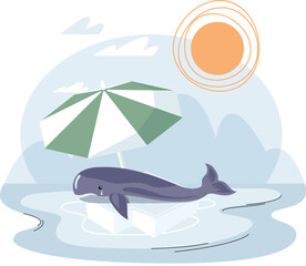 Whale crying suffering lying on an ice floe scorching sun in an Antarctic cold landscape with iceberg and snow. Melting glaciers due to global warming. Rising air and water temperatures problem