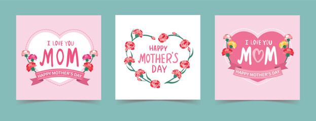 Set of mothers day greeting cards design with hearts and carnation flower decoration. Vector illustration.