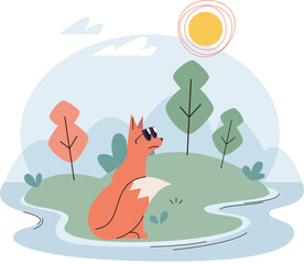 Fox in sunglasses in forest sitting on green grass, plants and hot sun on background, animal hides his eyes from bright rays. Climate change, global warming concept. Meadow landscape with she-fox