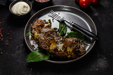 Baked potatoes in their skins with spices in a bowl