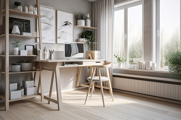 Interior design - modern and minimalist home office. Illustration. Generative AI
