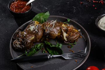 Baked potatoes in their skins with spices in a bowl