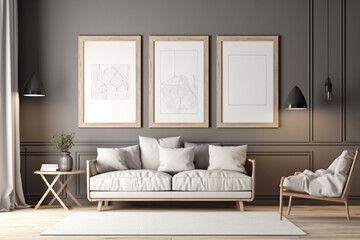 Interior design - modern and minimalist interior with empty frame on the wall. Mockup illustration. Generative AI