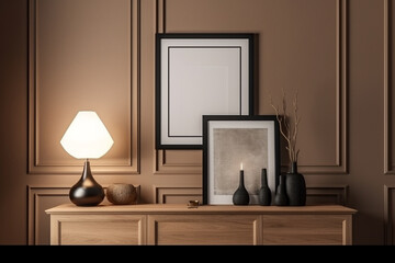 Interior design - modern and minimalist interior with empty frame on the wall. Mockup illustration. Generative AI