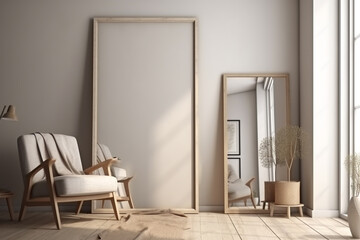 Interior design - modern and minimalist interior with empty frame on the wall. Mockup illustration. Generative AI