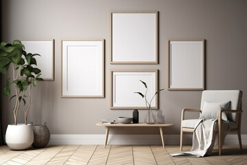 Interior design - modern and minimalist interior with empty frame on the wall. Mockup illustration. Generative AI