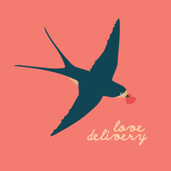 Creative square Valentine's Day card with illustration of swallow and text 