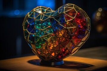 Illustration of a vibrant stained glass heart-shaped sculpture against a dark backdrop created with Generative AI technology