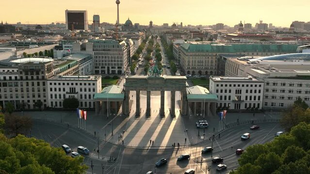 Aerial View of Brandenburg Gate (Brandenburger Tor) in the morning sunrise  - monument in Berlin, Capital of Germany