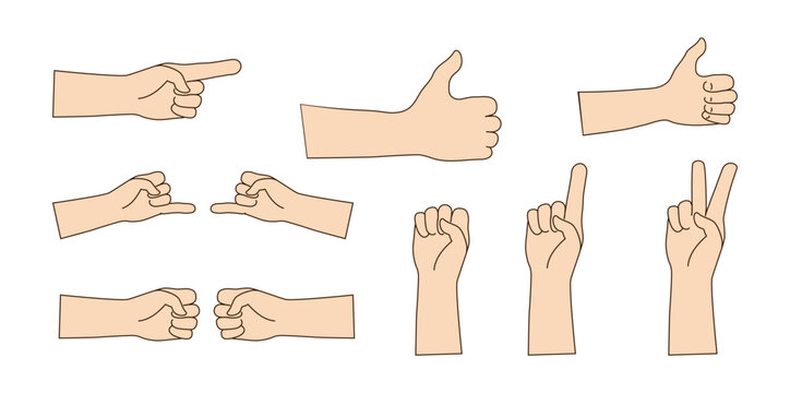 Hand gestures isolated vector images. Human hands show different signals, signs. Flat illustration.