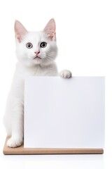 white cat with blank card, ai generated
