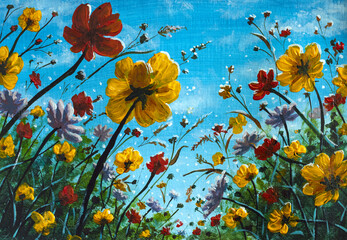 Oil painting Red yellow wildflowers view from below on background of blue sky illustration. Spring Modern Impressionism flower nature artwork