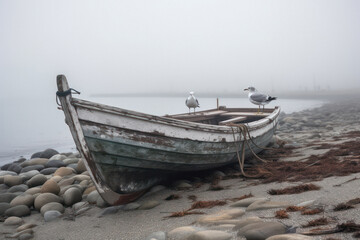 Old Rowing Boat on a Beach with Seagulls in the Background - obrazy, fototapety, plakaty