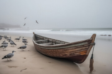 Old Rowing Boat on a Beach with Seagulls in the Background