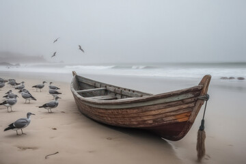 Obraz premium Old Rowing Boat on a Beach with Seagulls in the Background