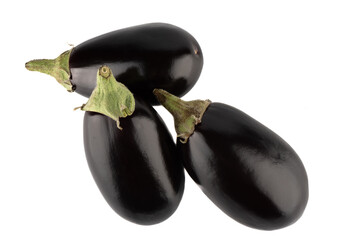 Top view of three whole eggplants on a white background.