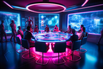 Step into a high-tech holographic conference, where business professionals discuss cutting-edge technology trends in an immersive environment.