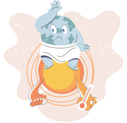 Poorly globe sits on hot sun with thermometer. Cartoon earth global warming concept. Planet is overheating, Environmental problem due to climate change. Natural disasters cataclysms, temperature rise