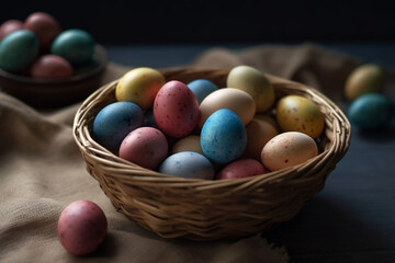 Fototapeta na wymiar Colorful Easter eggs in a basket, AI generative