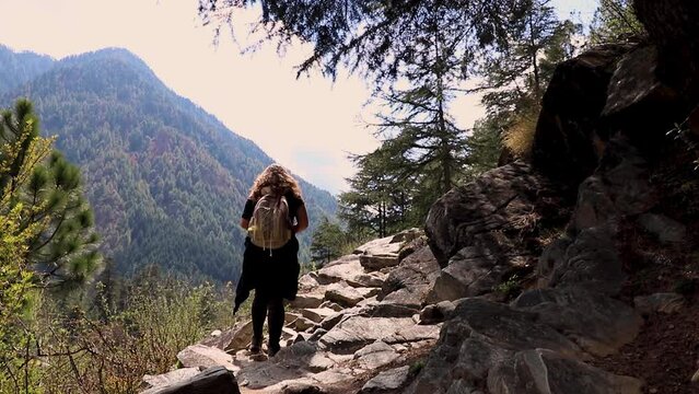a woman hiking up stone stairs in a beautiful trekking in the Himalayas Forest - Parvati Valley - Himachal Pradesh - Himalayas, India