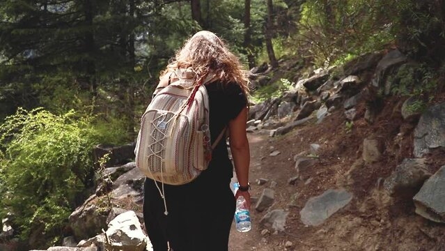 a woman walking in a beautiful forest path in a sunny day .
beautiful trekking in the Indian Himalayas - Parvati Valley - Himachal Pradesh - Himalayas, India