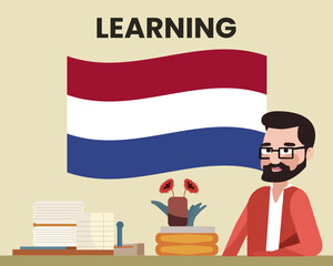 Netherlands flag with a male teacher, learning or teaching Netherlands language, school concept