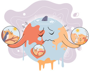 Planet Earth is melting and dying of global warming. Ecological disaster concept. Take care world. Climate change, increase in planet temperature, animal death. Saving Earth and environmental care