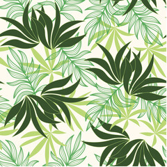 Summer seamless tropical pattern with bright plants and flowers on a white background. Exotic wallpaper. Colorful stylish floral. Vector design. Jungle print. Floral background. 