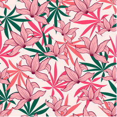 Original seamless tropical pattern with bright plants and flowers on a pink background. Exotic jungle wallpaper. Tropical botanical. Seamless pattern with colorful leaves and plants.