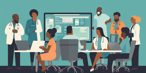 Diverse providers collaborate on a treatment plan, promoting interdisciplinary care and teamwork. Generative AI.