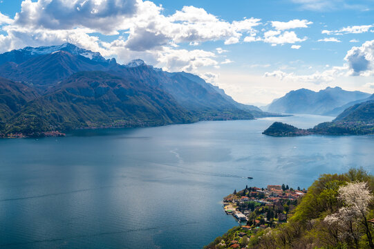 A view of Lake Como, photographed from San Rocco, with Bellagio, the mountains and the two branches of the lake.
