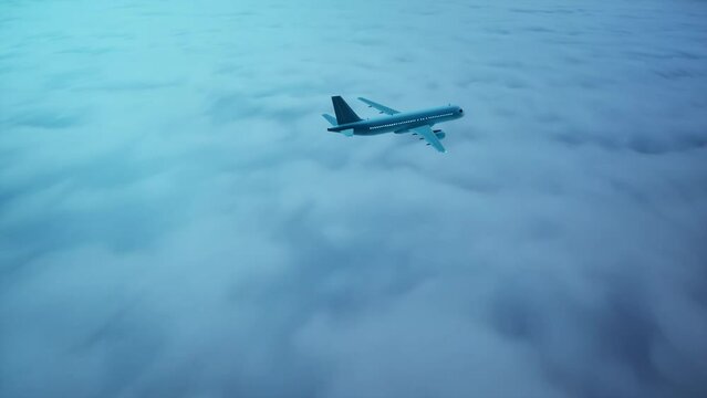 Flying passenger plane at high altitude above the clouds at night, illuminated by moonlight. The camera follows the aircraft from the right side behind. The concept of a night flight, travel, vacation