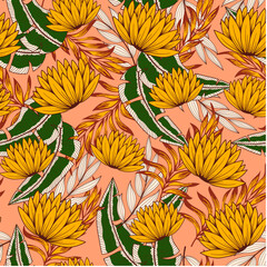 Abstract seamless tropical pattern with bright plants and flowers on an orange background. Seamless pattern with colorful leaves and plants. Modern abstract design for fabric, paper, interior decor.
