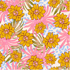 Abstract seamless tropical pattern with bright plants and flowers on a pastel background. Tropic leaves in bright colors. Summer colorful hawaiian seamless pattern with tropical plants.