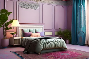 Arabic, Islamic style interior bedroom, lamp, flowers vases with pastel and patterned floor rug