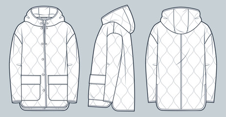 Hooded Jacket technical fashion Illustration. Quilted padded Down Jacket fashion technical drawing template, button-down, pocket, front, side and back view, white, women, men, unisex CAD mockup set. © Liubov Hladka